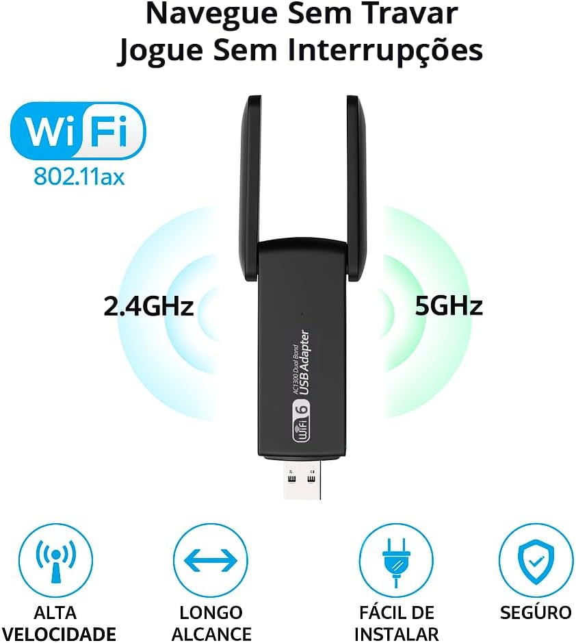 Adaptador WiFi 6 USB Dual Band 5GHz 2.4GHz 1300Mbps Antena Wireless Para PC Notebook Compatível Com Windows Andarix
