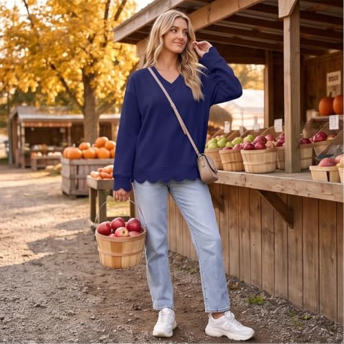 Cotton Sweatshirt for Women V Neck Scalloped Hem Trendy Pullover Tops - image 2