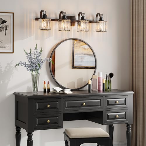 Image of GarveeTech Bathroom Vanity Light Fixtures Modern Crystal Vanity Light Fixtures Over Mirror, 4 Light Modern Crystal Wall Lighting with Square Shade(Black)