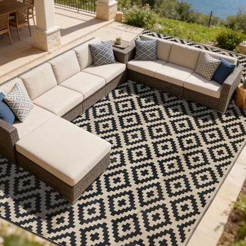 SAND MINE Waterproof Outdoor Rug 10x20 ft Plastic Reversible Rug Modern Area Rug Large Floor Mat for Outdoors RV Patio Backyard Deck Picnic Beach Camping Black & Beige