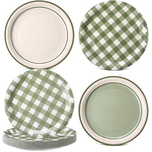 Tiangrid 60 Pcs Sage Green Gingham Paper Dessert Plates 9 Inch Disposable Checkered Plaid Dinner Plates for Birthday Baby Shower Wedding Camping Themed Party Supplies, 4 Styles