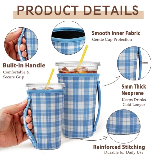 Image of KJQJLY 3 Reusable Iced Coffee Sleeves for Iced Coffee Cups or Drinks Reusable Neoprene Insulated Sleeves for Hot and Cold Drinks from Starbucks, Dunkin, And More (Preppy Blue Plaid)