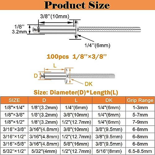 Image of 100pcs 1 /8 x 3 /8 inch 304 Stainless Steel Pop Rivets, 3.2 x 10mm Blind Rivets for DIY /Automotive Repairs /Furniture