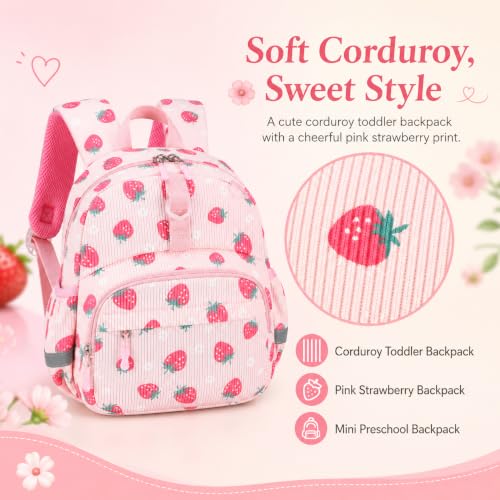 Image of LOIDOU Toddler Backpack for Girls Ages 2-4, 12 Inch Mini Preschool Daycare Bookbag with Insulated Snack Pocket, Corduroy Small Kids Travel Backpack, Pink Strawberry