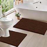 LuxUrux Bathroom Rugs Luxury Chenille 2-Piece Bath Mat Set, Soft Plush Anti-Slip Shower Rug +Toilet Mat.1'' Microfiber Shaggy Carpet, Super Absorbent Machine Washable Bath Mats(Curved Set, Brown)