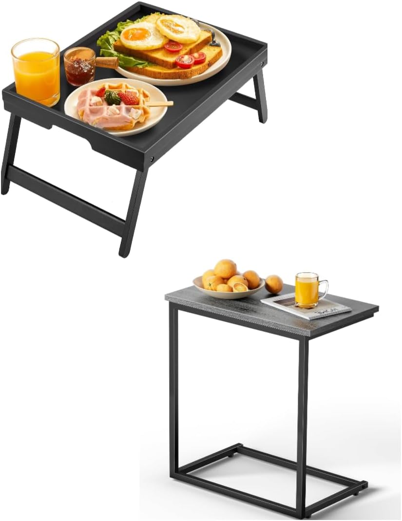 Pipishell C Shaped End Table 27 inches High, Bed Tray Table with Folding Legs Wooden