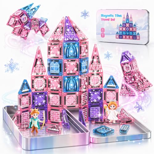Travel Magnetic Tiles for Kids 43 Pcs Mini Magnatiles Travel Set Magnet Toys for 3 4 5 6 Year Old Girls Toddler Plane Activities Games Magnetic Blocks Building Birthday Gifts for Girl Princess