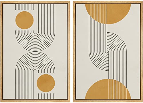 Ashbrook Framed Canvas Print Wall Art Gold Circles with Twisting Geometric Line Art Abstract Shapes Illustrations Modern Chic Nordic Colorful for Living Room, Bedroom, Office - 24'x36'x2 Natural