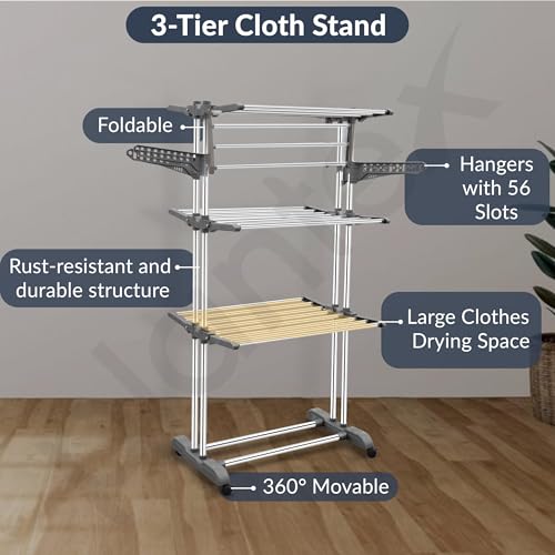 Image of Plantex Clothes Stand for Drying Clothes /Stainless Steel Cloth Drying Stand Folding /3 Layer Stand for Cloth Drying - Aeronest (Chrome & Gray)