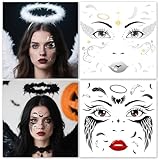 HOWAF 4 Sheets Halloween Angel Face Tattoos Angel Wing Full Face Temporary Tattoos for Hallows' Eve Angels Costumes Accessories, Black and White Fallen Angels Tattoo Stickers