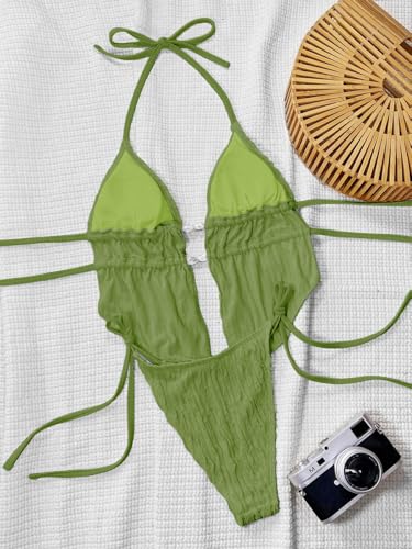 Image of RoseSeek Women's 2 Piece Boho Polka Dots Beaded Bikini Sets Sexy Swimsuits | Halter Swimsuits, Backless, Textured, Tie Side, Tankini Set, Bathing Suits, Summer, Vacation