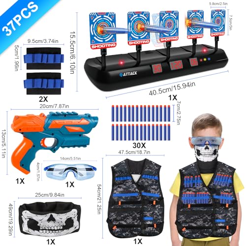 BUOAZR Zielscheibe für Nerf, 5 Ziele Zielscheibe Elektrisch mit Licht und Sounds, Auto Reset Zielscheiben Schießspiele Toy mit 30 Foam Darts Pfeile Zubehör Set, Spielzeugfür 6 7 8 9 10 Jahre Kinder