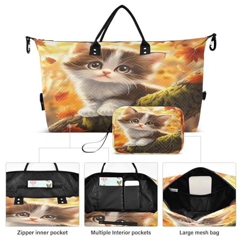 Weekender Bags Travel Duffel Gym Bag Little Cat Maple Leaf Carry on Overnight Tote Bag with Toiletry Bag for Airplane Travel Trip Gym Yoga2