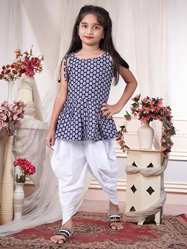 Image of Girls Ethnic Printed Peplum Top and White Dhoti Pant Set | Stylish Sleeveless Kurti with Comfortable Bottom | Traditional Festive Outfit for Kids