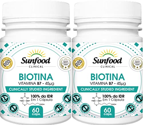 Biotina Vitamina B7 45 mcg Pele,Unhas e Cabelos Sunfood 60 Cápsulas Kit 2 Unidades
