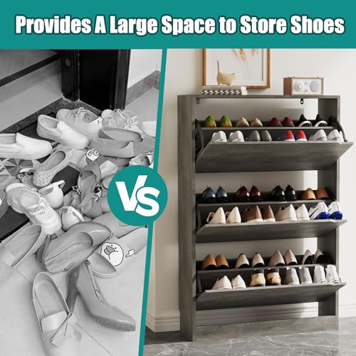 Image of Xixini Shoe Storage Cabinet for Entryway with 3 Flip Drawers, Sturdy Wood Hidden Shoe Storage, Freestanding Narrow Slim Shoe Organizer for Front Door Entrance, Living Room, Hallway, Bedroom, Grey