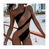 女性のビキニデザインワンピースワンショルダー水着パッチワーク水着水着ビニスビーチウェア (Color : 黒, Size : M)
