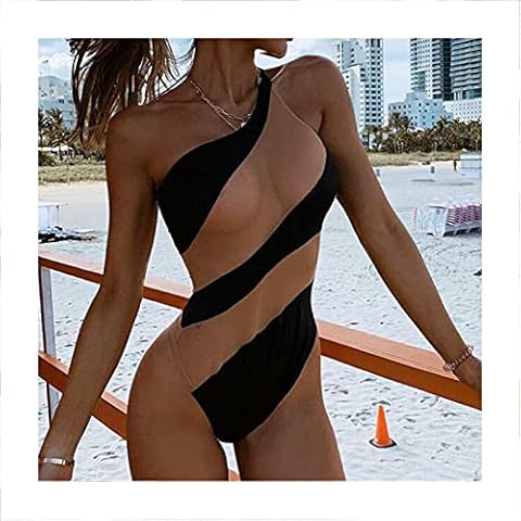 HANRUO Women's Bikini Design One Piece One Shoulder Swimsuit Patchwork Swimwear Bathing Suit Bikinis Beachwear (Color : Black, Size : Medium) Cover