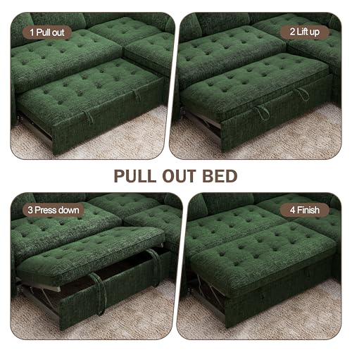 Image of Vipbear 85 Inch Modular Sectional Sofa with Pull Out Bed, Chenille L Shaped 5 Seat Sectional Sofa with USB Ports /Reclining Backrest /Storage Seats, Tool-Free Assembly, Couches for Living Room Green