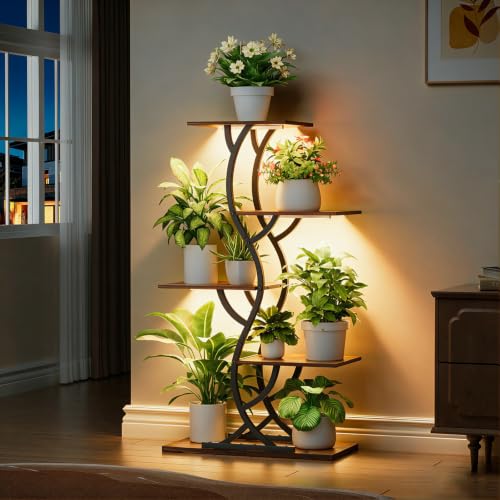 Image of Plant Stand Indoor with Grow Lights - 5 Tiered Corner Plant Shelves (Brown)
