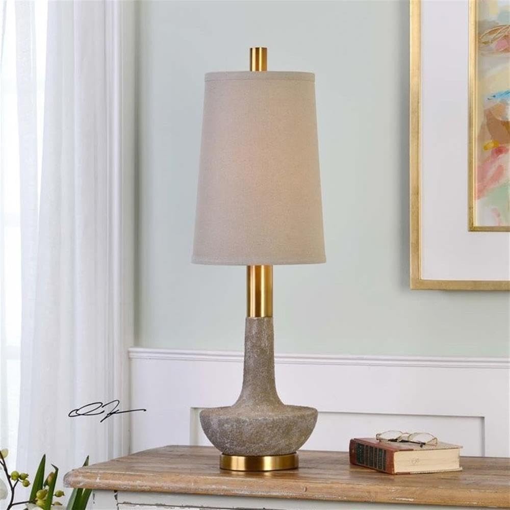 BOWERY HILL Contemporary Buffet Lamp, 31 in Height, Resin and Steel Construction, Textured Stone Ivory Finish with Brass Details, Oatmeal Linen Tapered Shade, Indoor Use, Table Lamp for Living Room