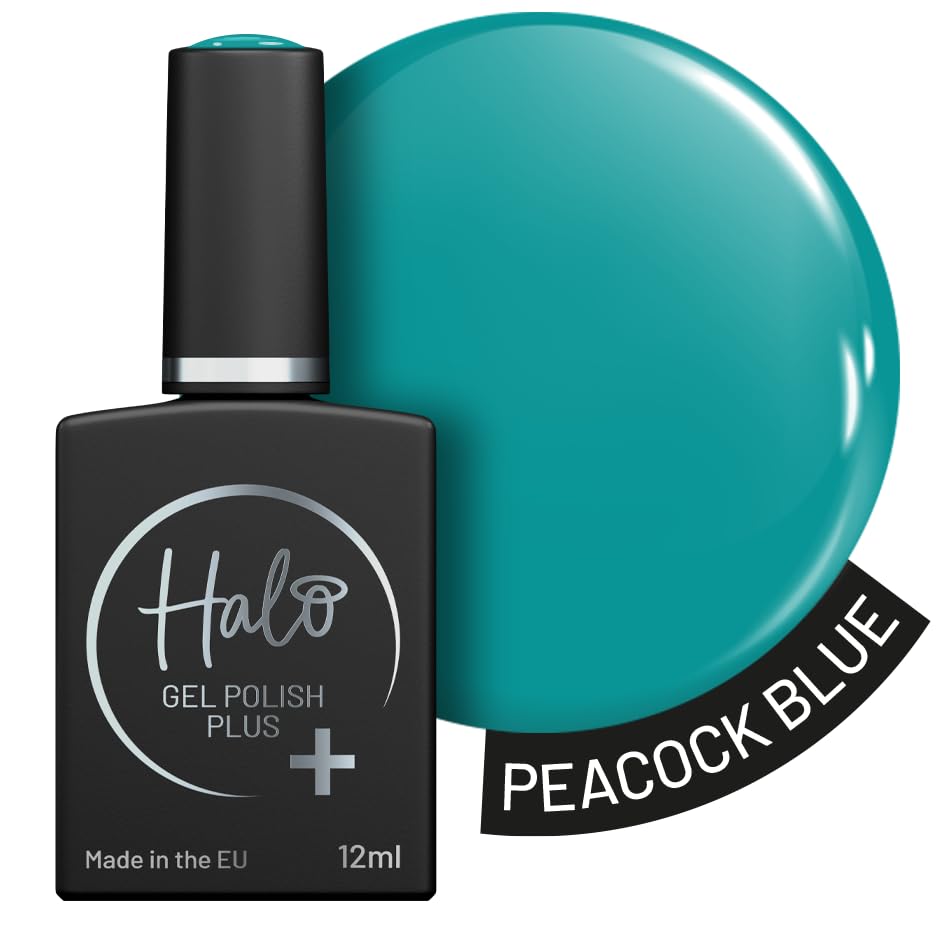 Halo Gel Polish Plus 12ml - Peacock Blue. UV/LED Gel Nail Polish, Long Lasting & Easy To Apply. Nail Art Colours For Manicure & Pedicure. Hema Free Gel Polish For Professional & Home Use.