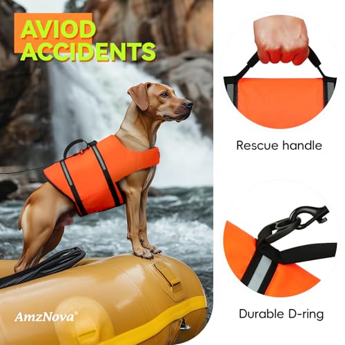 AMZNOVA Rip Stop Hundeschwimmweste, Schwimmweste Hund für Bootfahren, Auftrieb & Schwimmhilfe, Rettungsweste, S, Leuchtend Orange