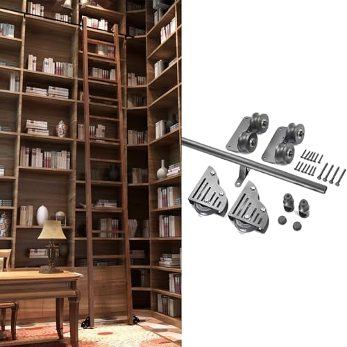 Kit de riel móvil con escalera de biblioteca rodante (sin escalera) para estantería/loft interior/escalera de escalada para el hogar, kit de riel/riel móvil de tubo redondo con ruedas de piso(488cm Ki