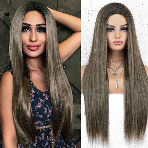 K'ryssma Brown Wig Ombre with Dark Roots Straight Synthetic Wig with Middle Parting Long Wigs for Women 22 inch