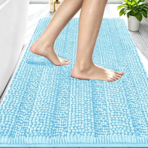 Image of Smiry Thick Chenille Bathroom Rugs 30x20, Soft Absorbent Bath Mat, Sky Blue | Quick‑Dry & Machine Washable, Non‑Slip Bath Carpet, Striped Bath Rugs for Tub & Shower, Modern Home Decor Accessories