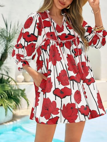 Image of Cicy Bell Womens Floral Mini Dresses 3 /4 Balloon Sleeve V Neck Flowy Babydoll Dress Summer Beach Vacation Boho Outfits