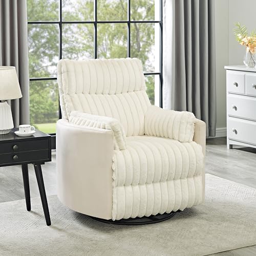 Image of FANYE 360° Swivel Glider Rocker Chair in White, Manual Recliner Chair Wale Corduroy Upholstered Nursery Armchair Comfortable Sofachair for Living Room Home Apartment Hotel