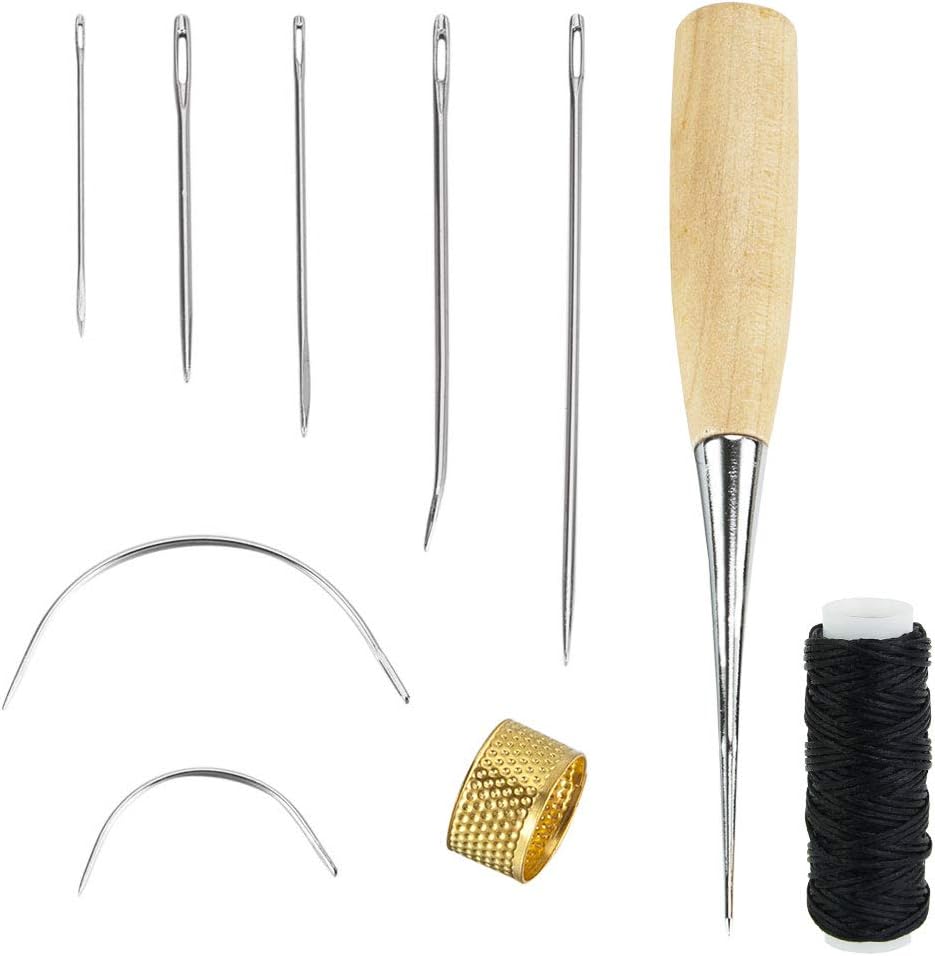 CODIRATO 7 Pieces Leather Sewing Needles Metal Leather Craft Tools Kit with Sewing Awl Thimble and Waxed Thread for Upholstery Carpet Leather Furs Canvas Repair