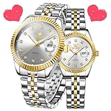 OLEVS His and Her Couple Watches Business Men Women Couple Set Pair Watch Matching Romantic Quartz Stainless Steel Waterproof Date, White Face