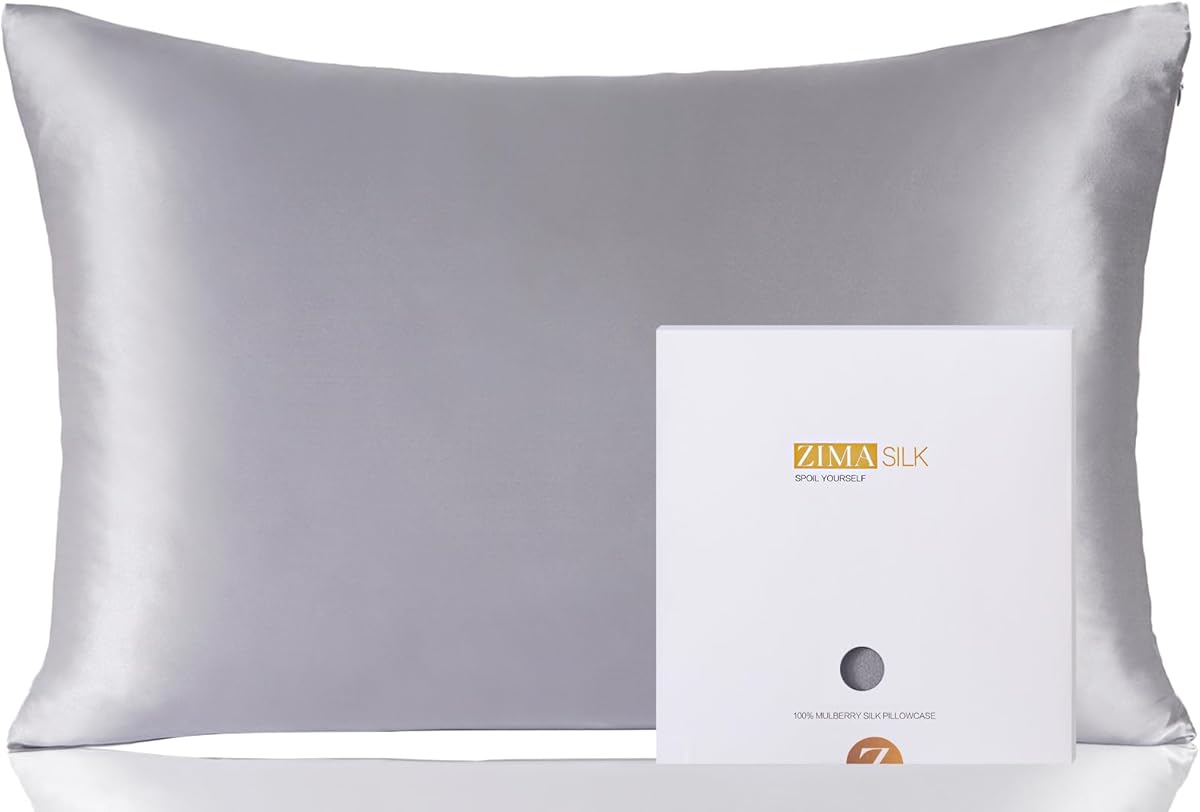 ZIMASILK 100% Pure Mulberry Silk Pillowcase for Hair and Skin Health,Soft and Smooth,Both Sides Premium Grade 6A Silk,600 Thread Count,with Hidden Zipper,1pc(Standard 20''x26'',Silver Grey)