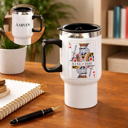 Image of IGP Personalized King of Dads Travel Mug | Same Day Delivery | Custom Name Stainless Steel Tumbler with Handle & Spill-Proof Lid | Insulated Coffee & Tea Cup | 400 ml White | Father's Day Present