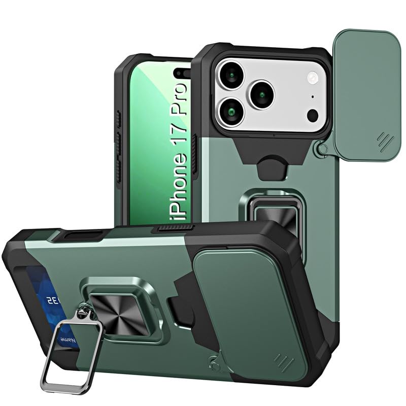 Image of LuxuryKase Shockproof Armor Case for iPhone 17 Pro | Slide Camera Cover | Hidden Card Slot | Rotating Ring Kickstand | Magnetic Car Mount Support | Military Grade Protection - Green
