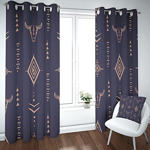 Amifans Aztec Blackout Curtains For Bedroom Boho Bull Skull With Horns Ethnic Arrangement On Western Cow Art Gra Drapes Farmhouse Black Out Room Divider Set Of 2 Panels Home 108 X 80 Inch Length #TOP1