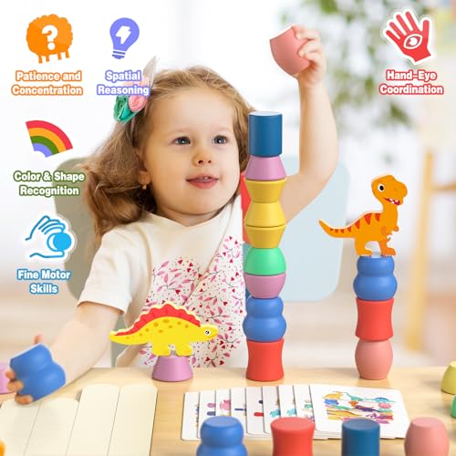 Montessori Dinosaur Toys for 1 2 3 4 Year Old Toddlers, Preschool Education Toys for Ages 2-4 Boys Girls Kids, Wooden Dinosaur Blocks Sorting & Stacking & Balance Toy, Educational Birthday Gift - Image 4