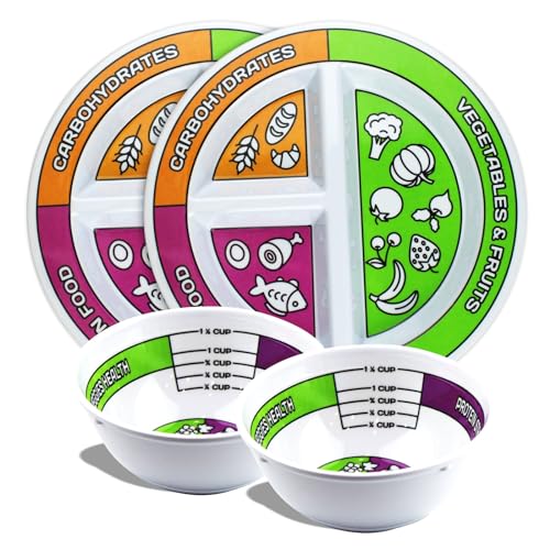 Comparison: Best Portion Control Plates 6 Portion Control Bariatric Plates and Bowls Set of 2 (4pcs Total) - Self-Measuring Plates and Bowls for Weight Loss, Gastric Bypass Surgery, LapBand, Diabetes and Healthier Diets, for Adults & Children