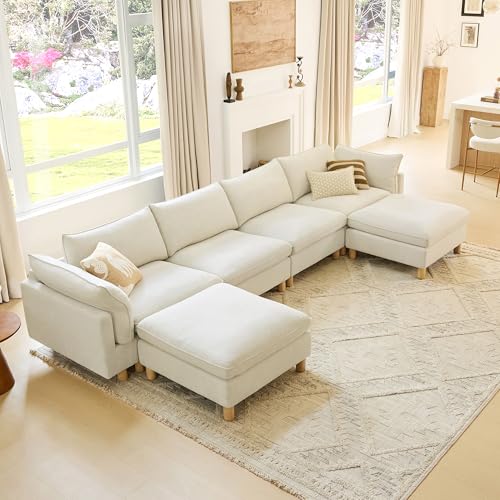 Image of CHITA 161 inch Super Large Sectional Couches for Living Room, Modular Cloud Couch Sectional Sofa, Premium Fabric Couches, Down Filled, High Density Foam, Chenille in Cream, 6 Seat U Shaped