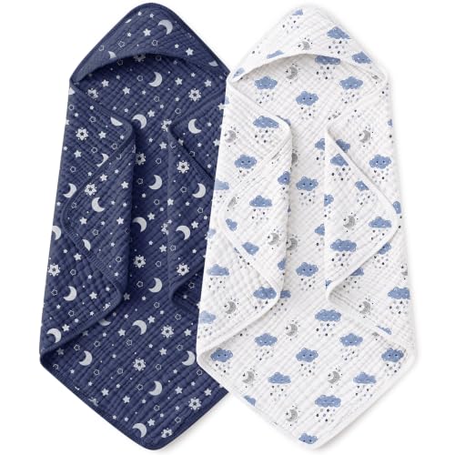 Image of Yoofoss Hooded Baby Towels for Newborn 2 Pack 100% Muslin Organic Cotton Baby Bath Towel with Hood for Babies, Infant, Toddler and Kids, 32x32Inch, Soft and Absorbent Newborn Essential, Blue Clouds