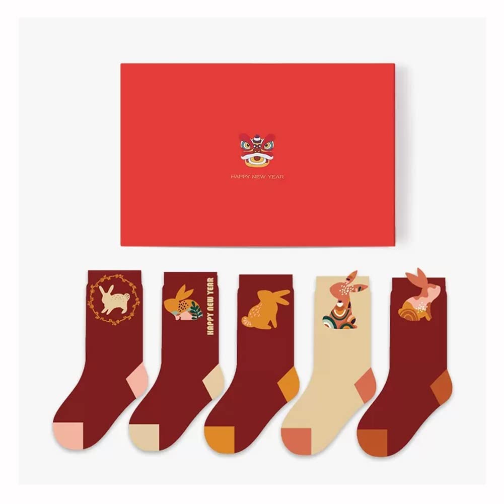 Calzini 5 pz Nuovo Anno Calze di Cotone Rosso for Uomo Donna, 2023 Calze di buona Fortuna Capodanno lunare Cinese con Confezione Regalo (Color : Red-4, Size : 36-43)
