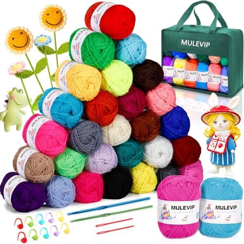 MULEVIP Juego de hilo de ganchillo de 30 colores, de algodón para...