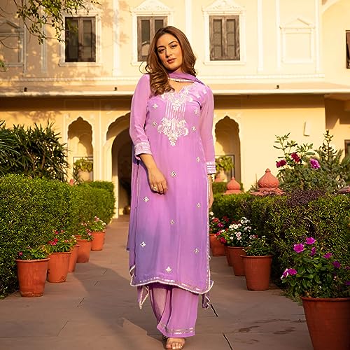 Image of GoSriKi Women's Cotton Blend Straight Embroidered Kurta with Pant & Dupatta