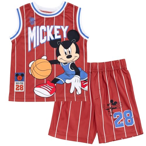 Disney Mickey Mouse Toddler Boys Mesh Jersey Tank Top and Basketball Shorts Athletic Outfit Set Red/Stripes 2T