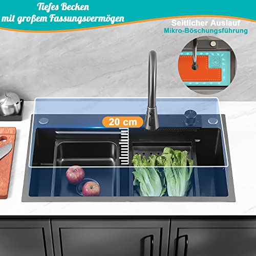 Küchenspüle Spülbecken Schwarz Raindance Wasserfall Spüle, Einbauspüle 75 x 45 cm Küchenspüle 304 Edelstahl mit Wasserhahn Glasspüler und Schneidebrett, 1 Becken