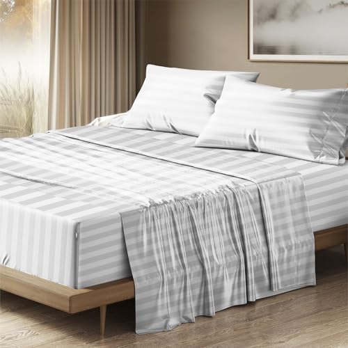 Image of THREAD SPREAD 100% Egyptian Cotton Damask Sheets Queen Size - Luxury 1500 Series Queen Sheet Set Egyptian Cotton (4 PC, White Stripe), Silky Soft, Sateen, Cooling & Breathable, 17 inch Deep Pocket Bed Set