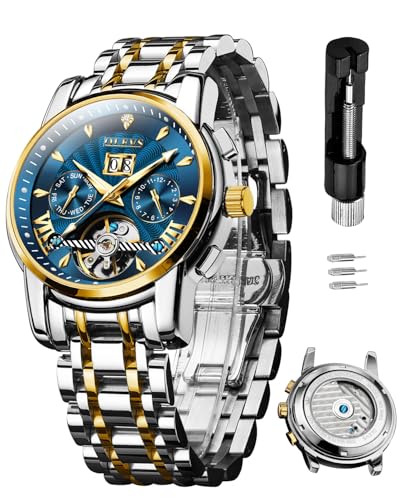 Image of OLEVS Watches for Men Automatic Skeleton 5 Hands Mechanical Luxury Watch Classic Calendar Stainless Steel Waterproof Mens Wrist Watch