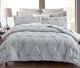 SLEEPBELLA Luxury Ruched Floral Pintuck 3pcs Grey Queen Comforter Sets, Soft Microfiber Inner Fill Down Alternative Shabby Chic Bedding Set Gray